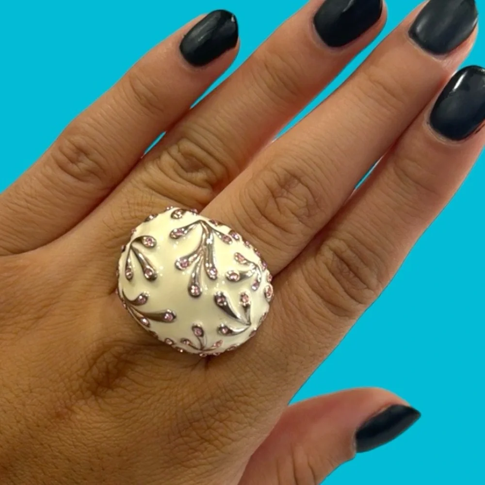 WHITE CREAM ENAMEL PINK CZ SIZE 8 LARGE BLING RING
